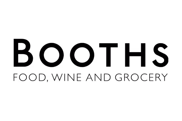 Booths logo, black text with food, wine and grocery written under it.