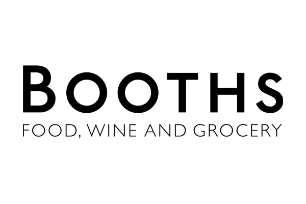 Booths logo, black text with food, wine and grocery written under it.