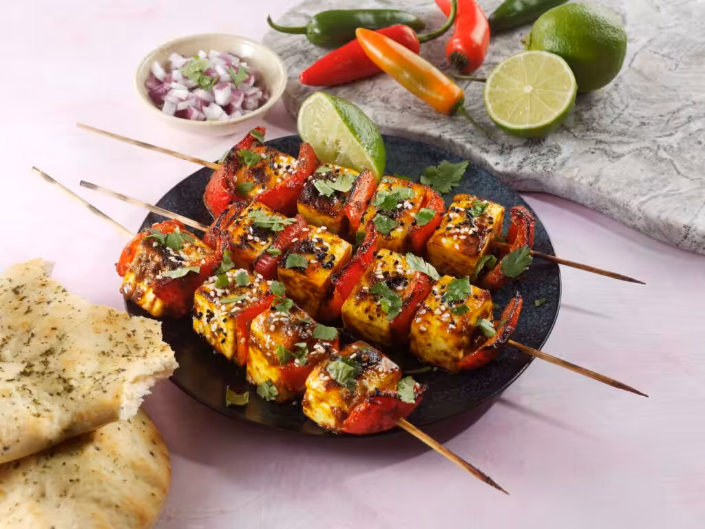paneer and red pepper skewer in spicy marinade