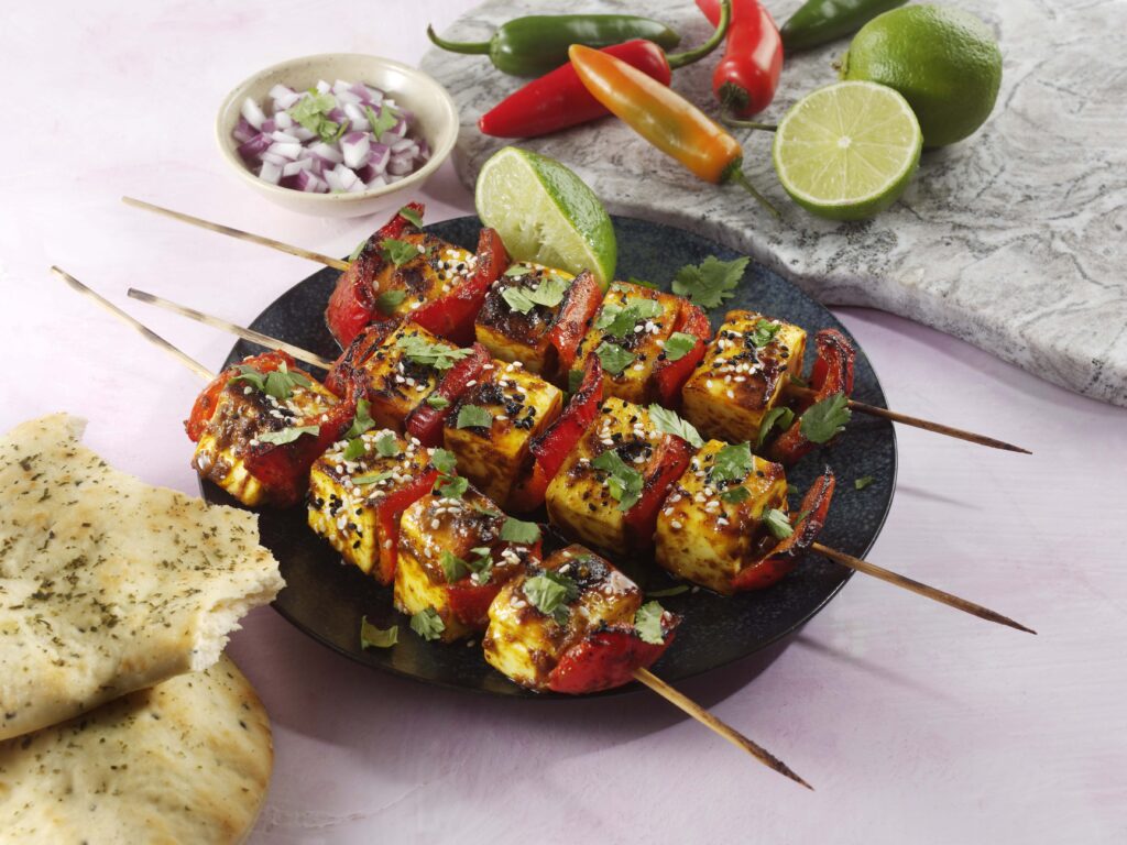 paneer and red pepper skewer in spicy marinade